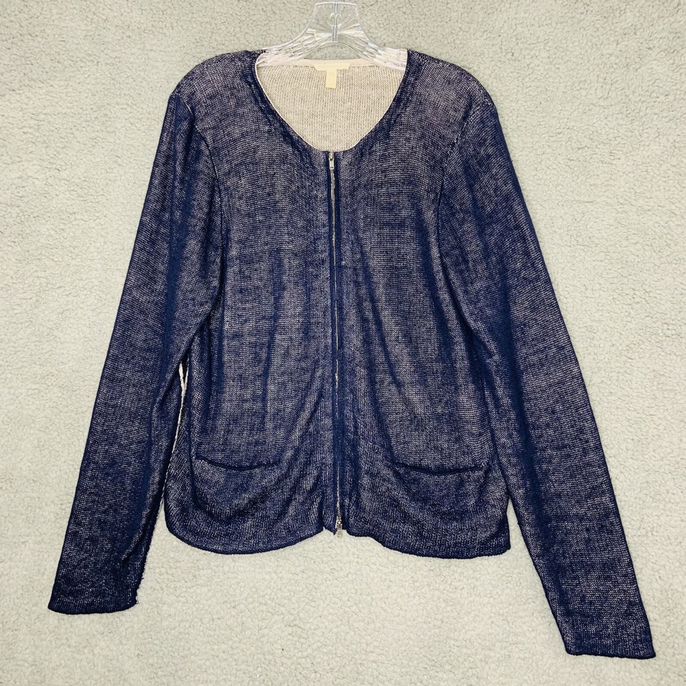 Eileen Fisher Sweater Womens Large Blue Organic Linen Blend Full Zip Cardigan